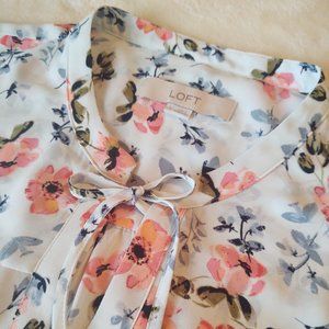 LOFT Floral Tie-Neck Flowy Blouse